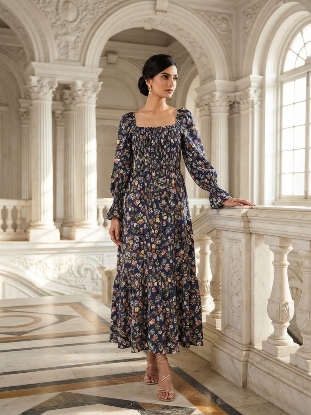 Smocked Square-Neck Maxi Dress in Navy Floral